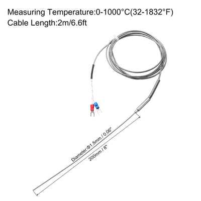 Harfington K Type Thermocouple Temperature Sensor Probe 1.5x200mm 6.6ft Wire 0 to 1000°C(32 to 1832°F) Stainless Steel