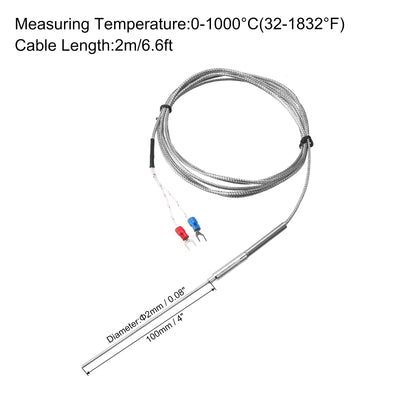 Harfington K Type Thermocouple Temperature Sensor Probe 2x100mm 6.6ft Wire 0 to 1000°C(32 to 1832°F) Stainless Steel