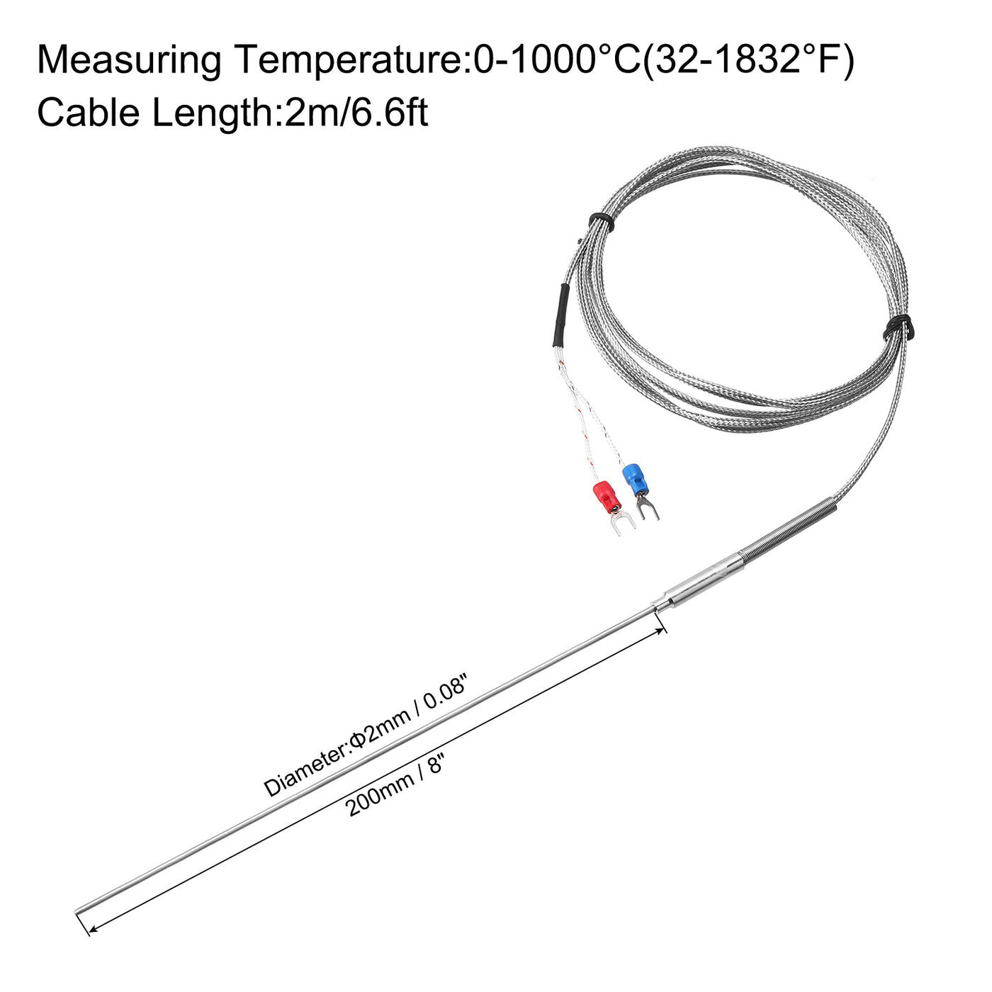 Harfington K Type Thermocouple Temperature Sensor Probe 2x200mm 6.6ft Wire 0 to 1000°C(32 to 1832°F) Stainless Steel