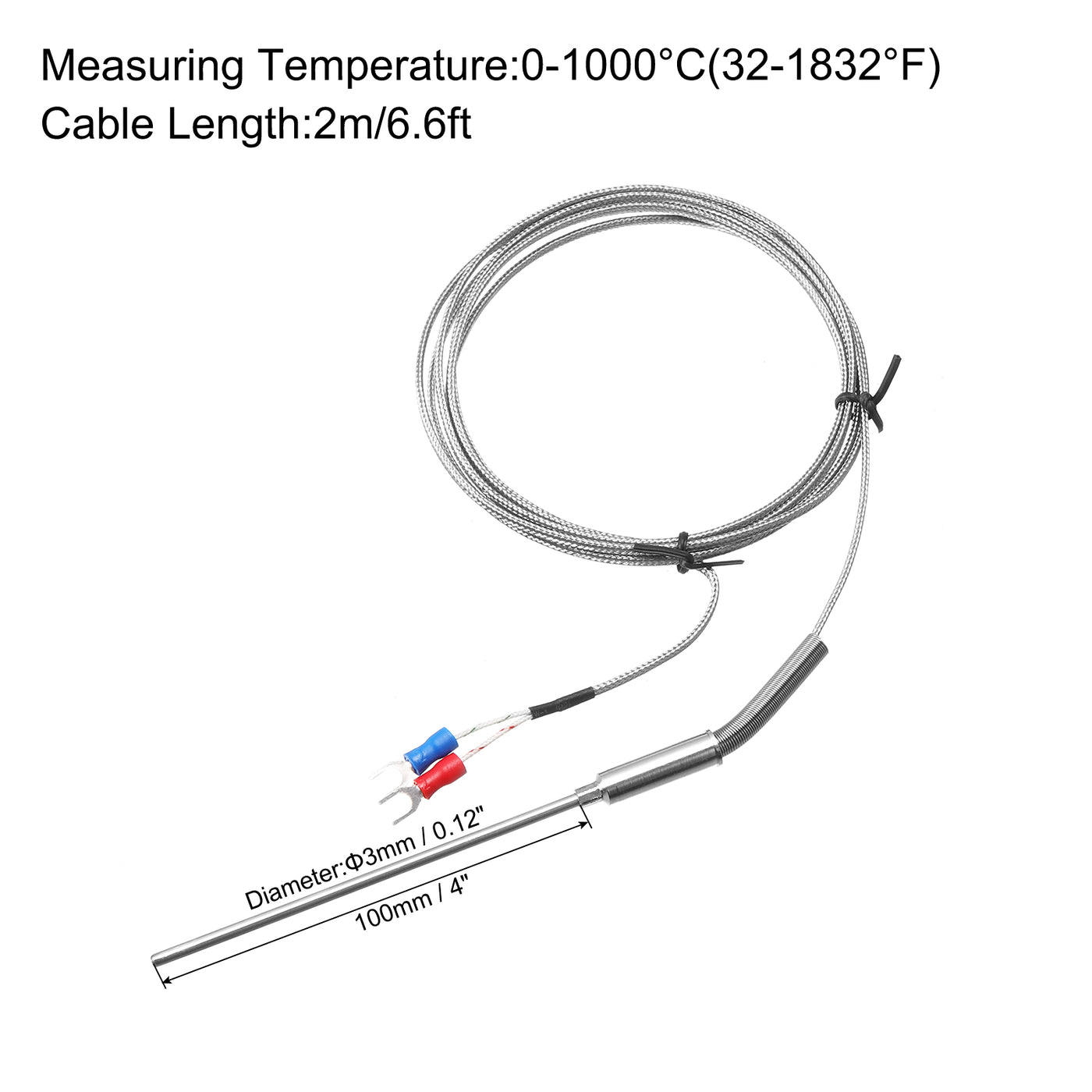 Harfington K Type Thermocouple Temperature Sensor Probe 1/8"x4" 6.6ft Wire 0 to 1000°C(32 to 1832°F) Stainless Steel