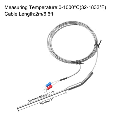 Harfington K Type Thermocouple Temperature Sensor Probe 1/8"x4" 6.6ft Wire 0 to 1000°C(32 to 1832°F) Stainless Steel