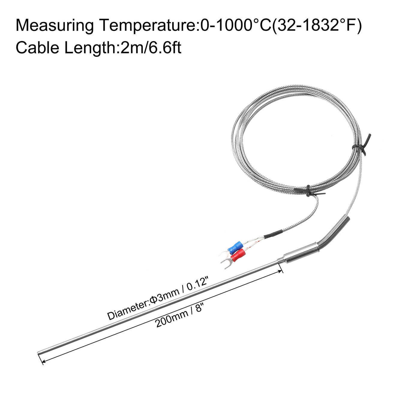 Harfington K Type Thermocouple Temperature Sensor Probe 1/8"x8" 6.6ft Wire 0 to 1000°C(32 to 1832°F) Stainless Steel