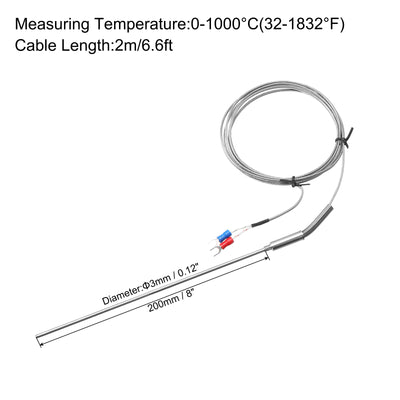 Harfington K Type Thermocouple Temperature Sensor Probe 1/8"x8" 6.6ft Wire 0 to 1000°C(32 to 1832°F) Stainless Steel