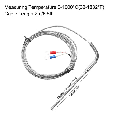 Harfington K Type Thermocouple Temperature Sensor Probe 4x100mm 6.6ft Wire 0 to 1000°C(32 to 1832°F) Stainless Steel