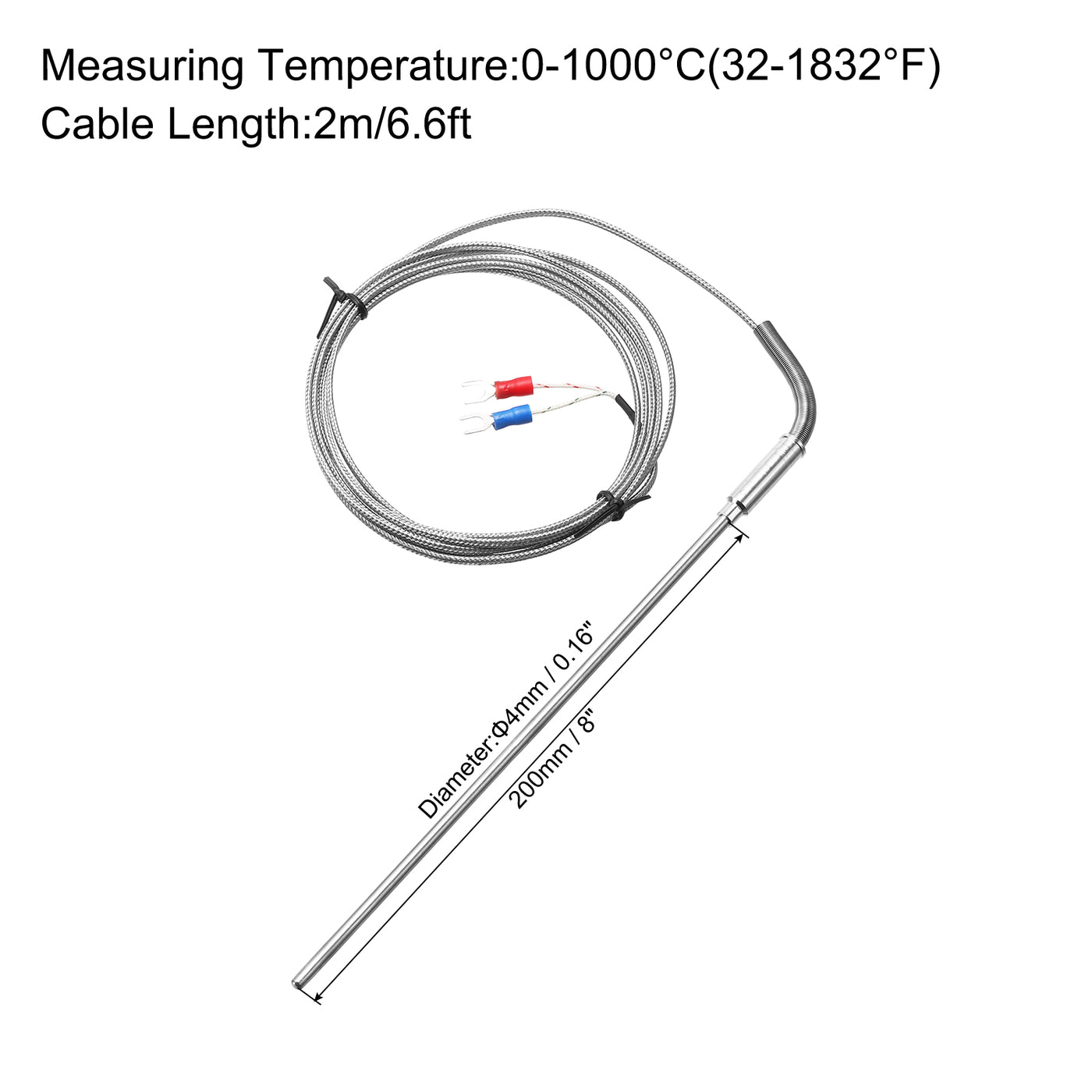 Harfington K Type Thermocouple Temperature Sensor Probe 4x200mm 6.6ft Wire 0 to 1000°C(32 to 1832°F) Stainless Steel