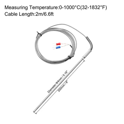 Harfington K Type Thermocouple Temperature Sensor Probe 4x200mm 6.6ft Wire 0 to 1000°C(32 to 1832°F) Stainless Steel