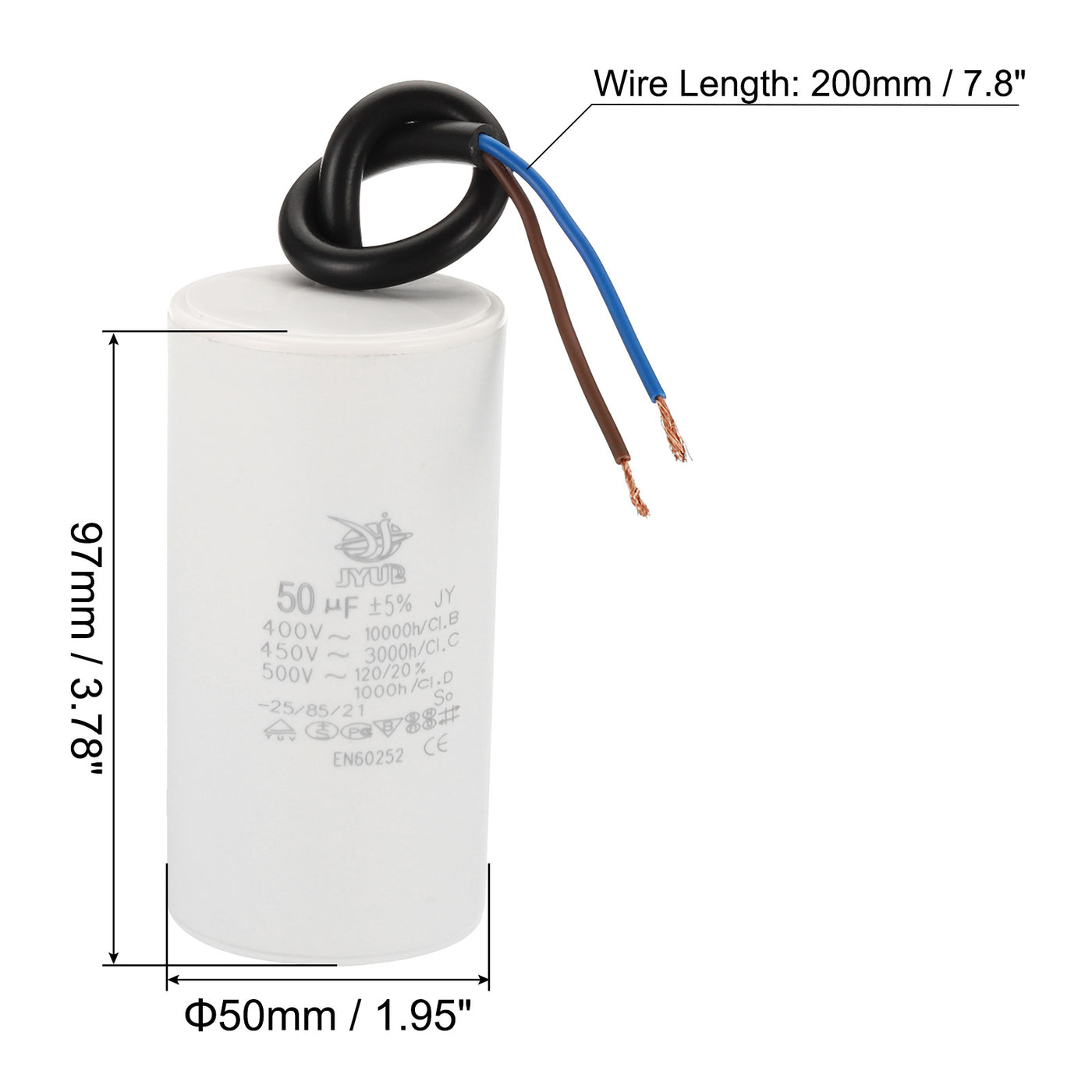 Harfington CBB60 50uf Running Capacitor,2Pcs AC 450V 2 Wires 50/60Hz Cylinder 95x48mm for Water Pumps, Washing Machines Motor Start