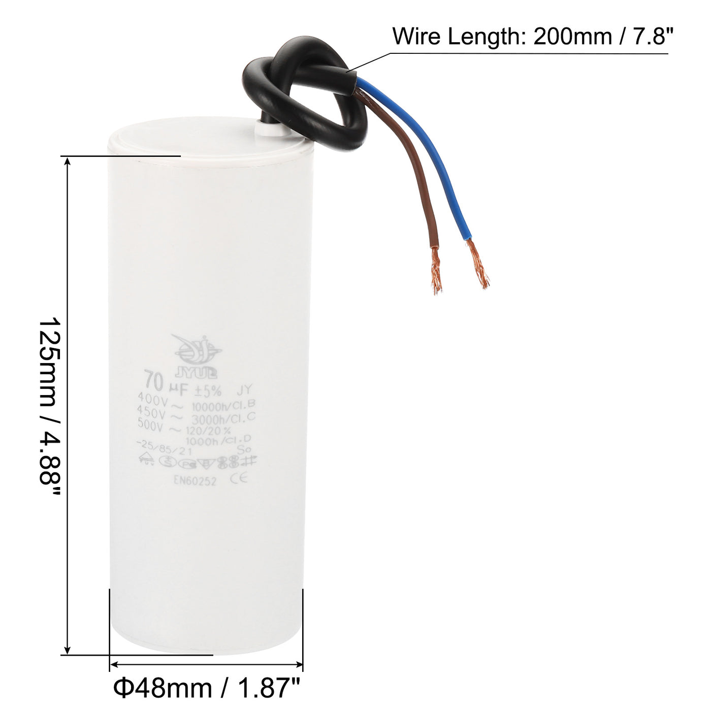 Harfington CBB60 70uf Running Capacitor,2Pcs AC 450V 2 Wires 50/60Hz Cylinder 125x48mm