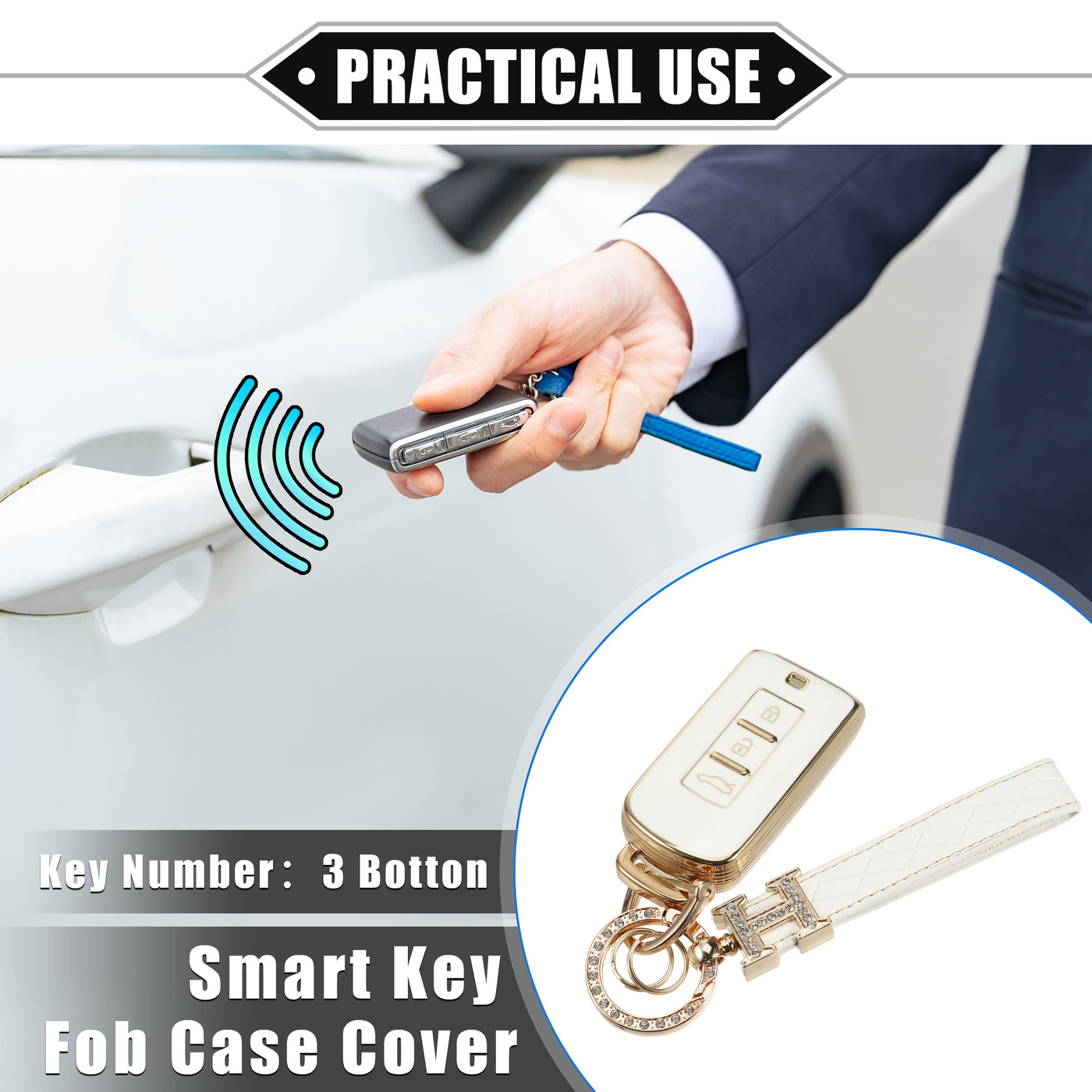 VekAuto Key Fob Cover Kit Compatible for Mitsubishi Outlander, 3 Button Gold Tone Edge Fashion Soft TPU White Remote Keyless Smart Key Fob Case Protection Shell with Keychain