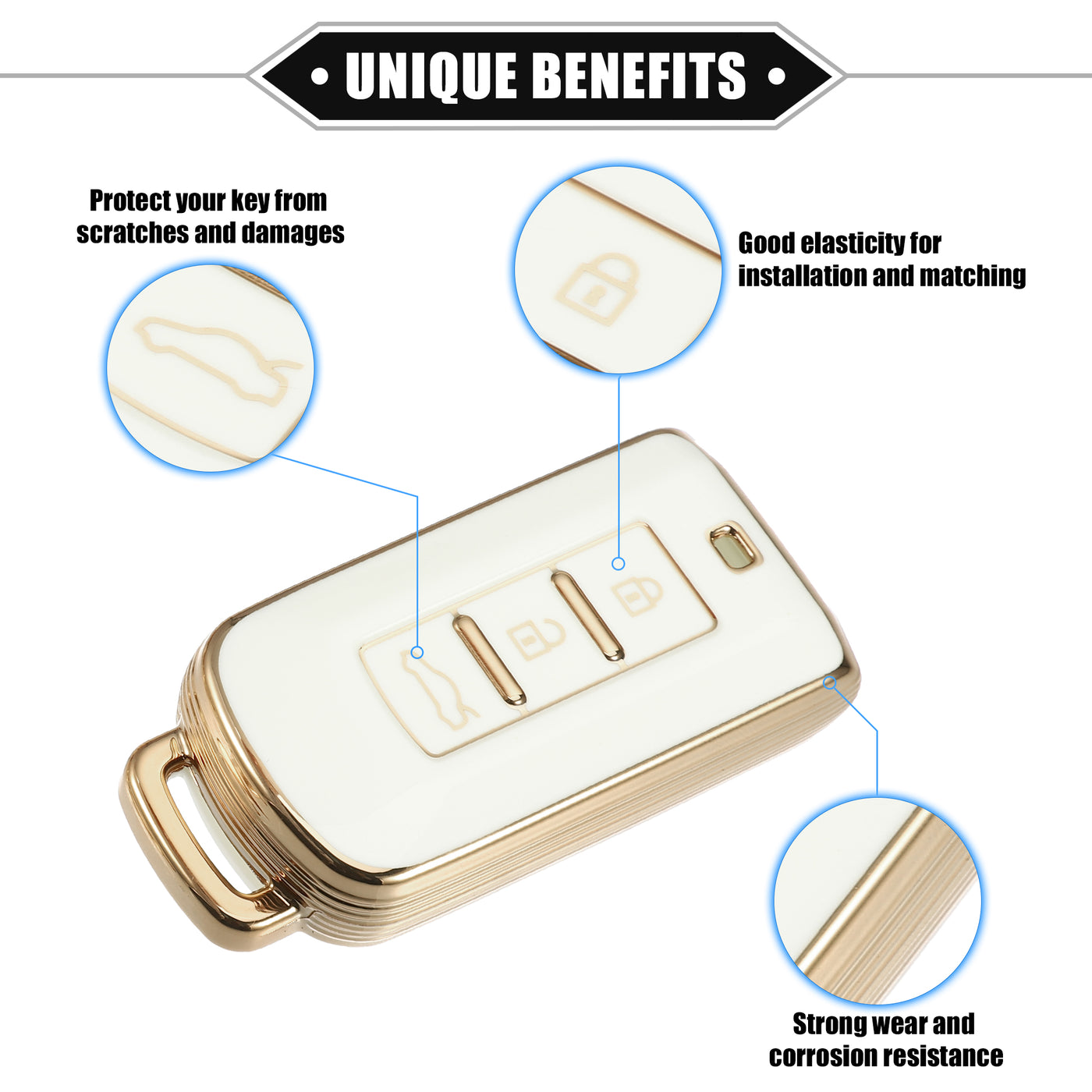 VekAuto Key Fob Cover Kit Compatible for Mitsubishi Outlander, 3 Button Gold Tone Edge Fashion Soft TPU White Remote Keyless Smart Key Fob Case Protection Shell with Keychain