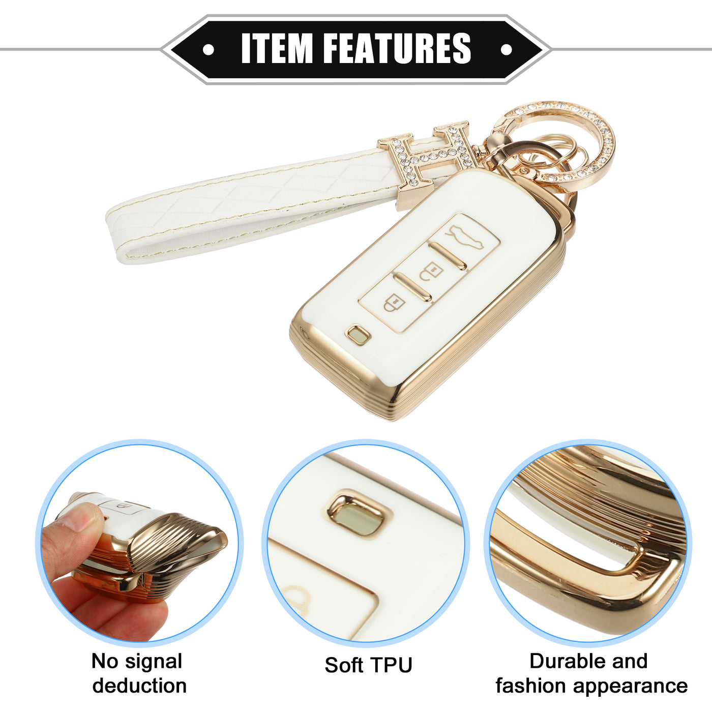 VekAuto Key Fob Cover Kit Compatible for Mitsubishi Outlander, 3 Button Gold Tone Edge Fashion Soft TPU White Remote Keyless Smart Key Fob Case Protection Shell with Keychain