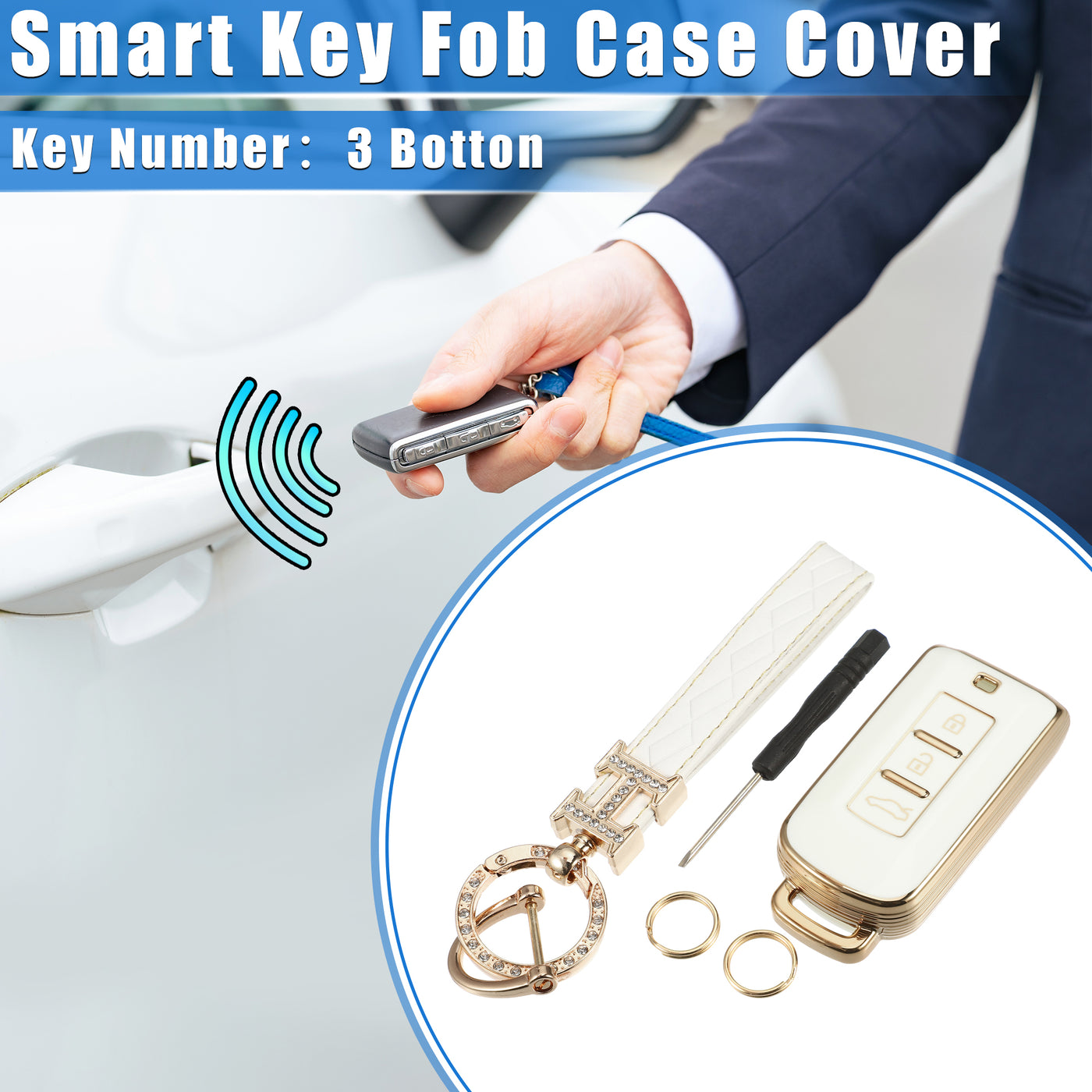 VekAuto Key Fob Cover Kit Compatible for Mitsubishi Outlander, 3 Button Gold Tone Edge Fashion Soft TPU White Remote Keyless Smart Key Fob Case Protection Shell with Keychain