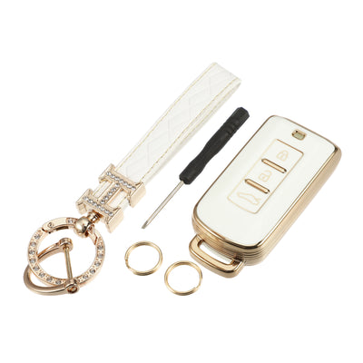 Harfington Key Fob Cover Kit Compatible for Mitsubishi Outlander, 3 Button Gold Tone Edge Fashion Soft TPU White Remote Keyless Smart Key Fob Case Protection Shell with Keychain