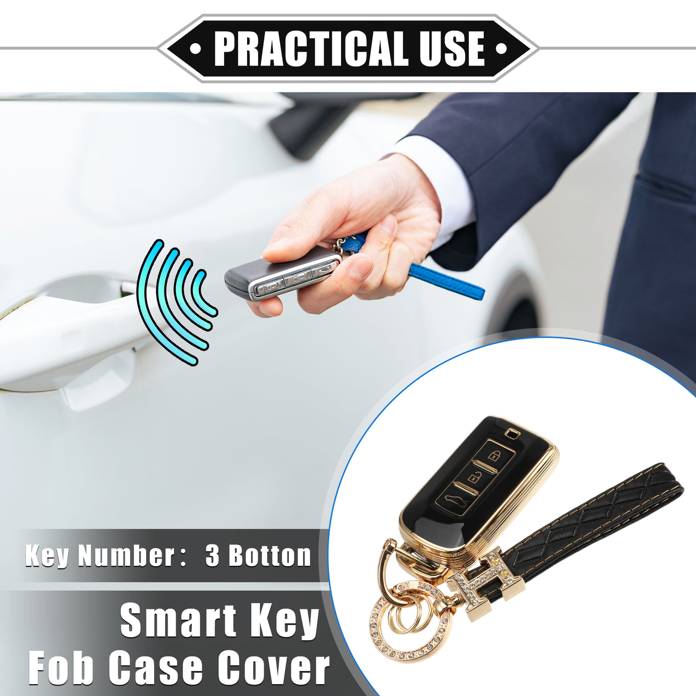 VekAuto Key Fob Cover Kit Compatible for Mitsubishi Outlander, 3 Button Gold Tone Edge Fashion Soft TPU Black Remote Keyless Smart Key Fob Case Protection Shell with Keychain