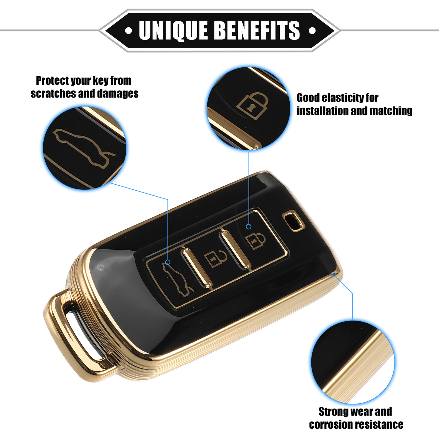 VekAuto Key Fob Cover Kit Compatible for Mitsubishi Outlander, 3 Button Gold Tone Edge Fashion Soft TPU Black Remote Keyless Smart Key Fob Case Protection Shell with Keychain