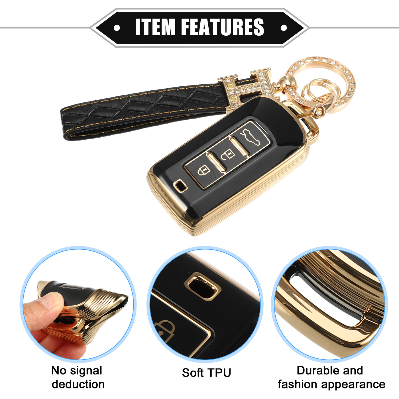 VekAuto Key Fob Cover Kit Compatible for Mitsubishi Outlander, 3 Button Gold Tone Edge Fashion Soft TPU Black Remote Keyless Smart Key Fob Case Protection Shell with Keychain