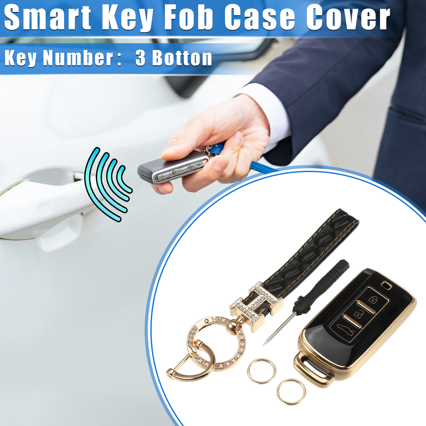 VekAuto Key Fob Cover Kit Compatible for Mitsubishi Outlander, 3 Button Gold Tone Edge Fashion Soft TPU Black Remote Keyless Smart Key Fob Case Protection Shell with Keychain