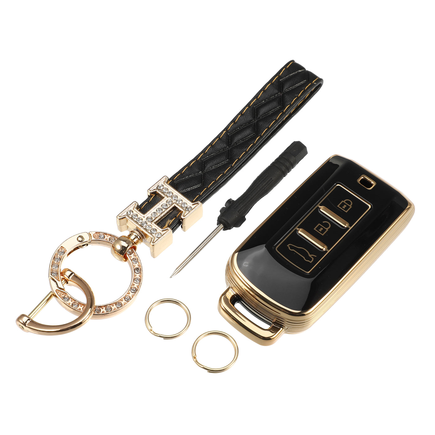 VekAuto Key Fob Cover Kit Compatible for Mitsubishi Outlander, 3 Button Gold Tone Edge Fashion Soft TPU Black Remote Keyless Smart Key Fob Case Protection Shell with Keychain