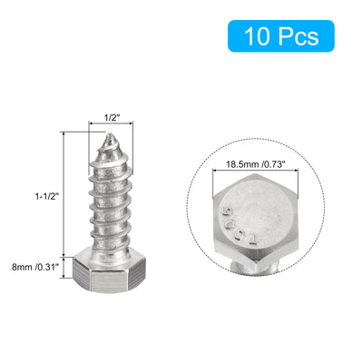 Harfington Uxcell Hex Head Lag Screws Bolts, 10pcs 1/2" x 1-1/2" 304 Stainless Steel Wood Screws