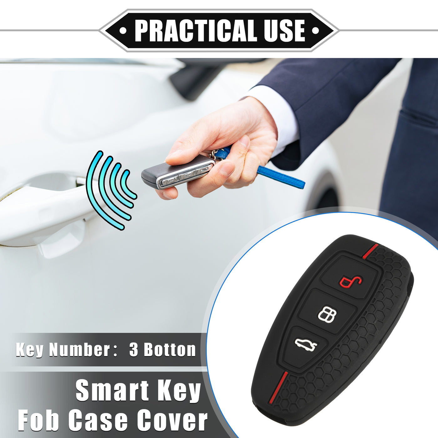 VekAuto Key Fob Cover Compatible for Ford, 3 Button Car Key Soft Silicone Black Cover Red Line Remote Keyless Smart Key Fob Case Protection