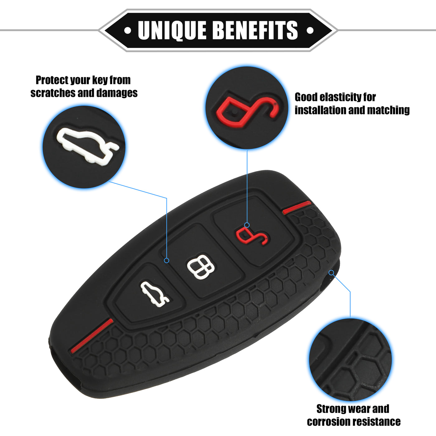 VekAuto Key Fob Cover Compatible for Ford, 3 Button Car Key Soft Silicone Black Cover Red Line Remote Keyless Smart Key Fob Case Protection