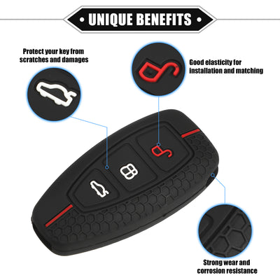 Harfington Key Fob Cover Compatible for Ford, 3 Button Car Key Soft Silicone Black Cover Red Line Remote Keyless Smart Key Fob Case Protection