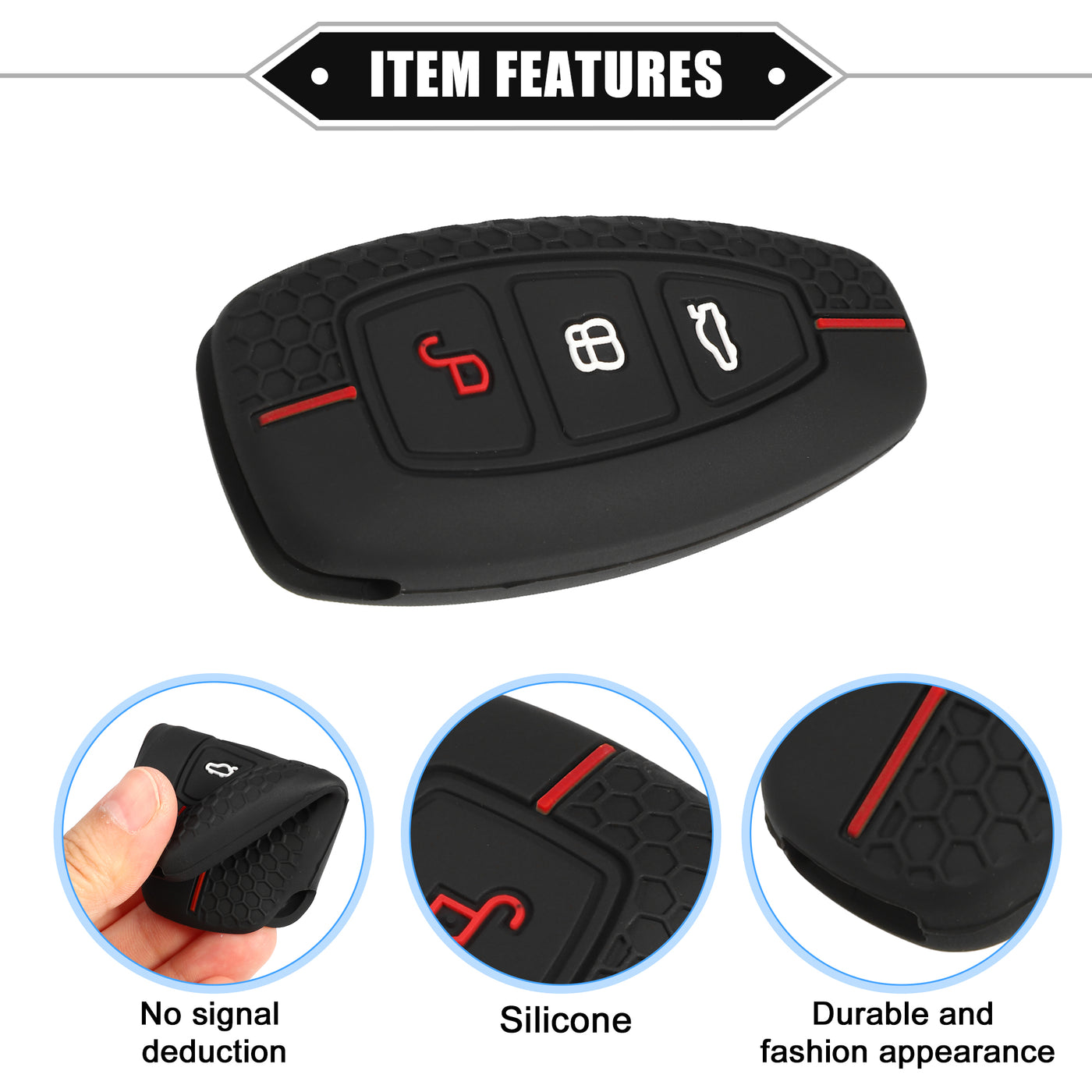 VekAuto Key Fob Cover Compatible for Ford, 3 Button Car Key Soft Silicone Black Cover Red Line Remote Keyless Smart Key Fob Case Protection