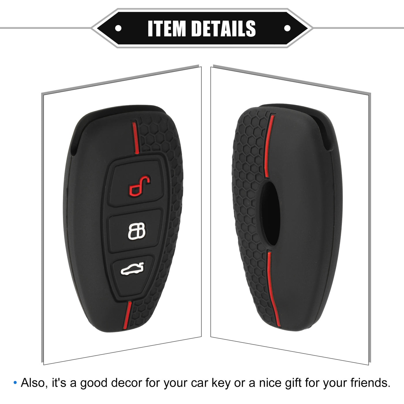 VekAuto Key Fob Cover Compatible for Ford, 3 Button Car Key Soft Silicone Black Cover Red Line Remote Keyless Smart Key Fob Case Protection