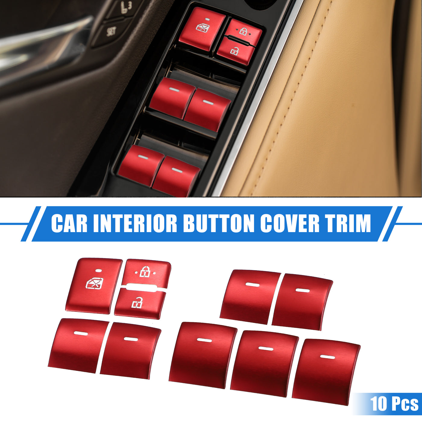 VekAuto 10 Pcs Car Driver and Passenger Window Switch Button Cover Trim Compatible for Toyota C-HR 2018-2022, Durable Aluminum Alloy Red