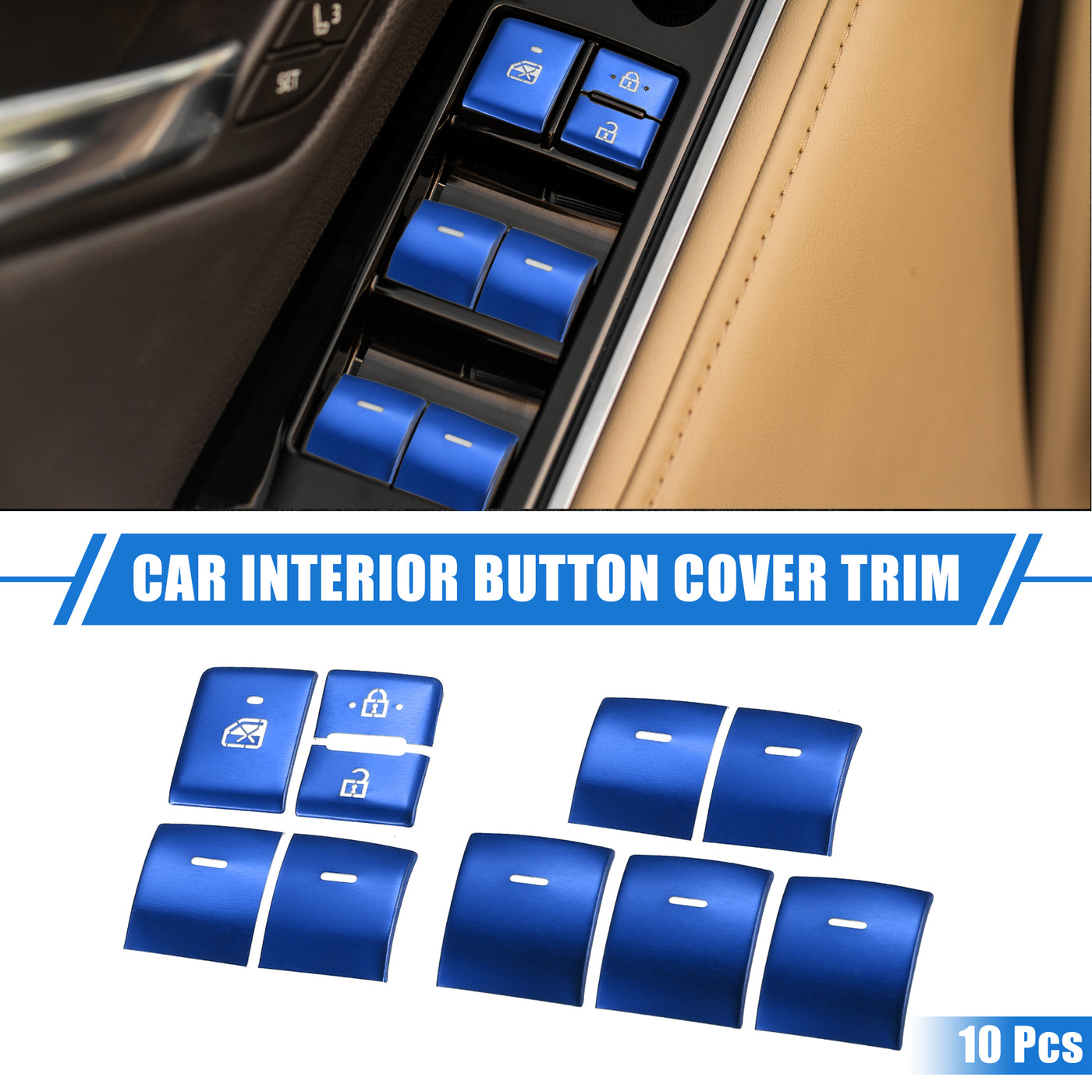 VekAuto 10 Pcs Car Driver and Passenger Window Switch Button Cover Trim Compatible for Toyota Sienna 2022-2023, Durable Aluminum Alloy Blue