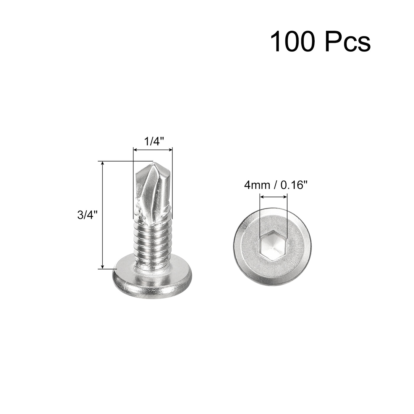 uxcell Uxcell Hex Socket Self Tapping Screws, 1/4 x 3/4" 410 Stainless Steel 100pcs, Silver