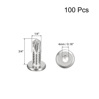 Harfington Uxcell Hex Socket Self Tapping Screws, 1/4 x 3/4" 410 Stainless Steel 100pcs, Silver