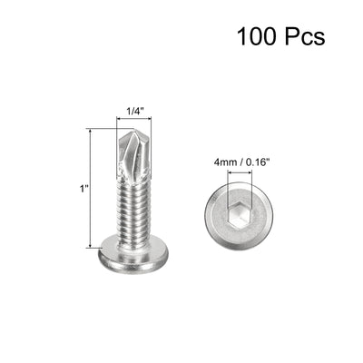 Harfington Uxcell Hex Socket Self Tapping Screws, 1/4 x 1" 410 Stainless Steel Sheet Metal Flat Head Drilling Screw 100pcs, Silver