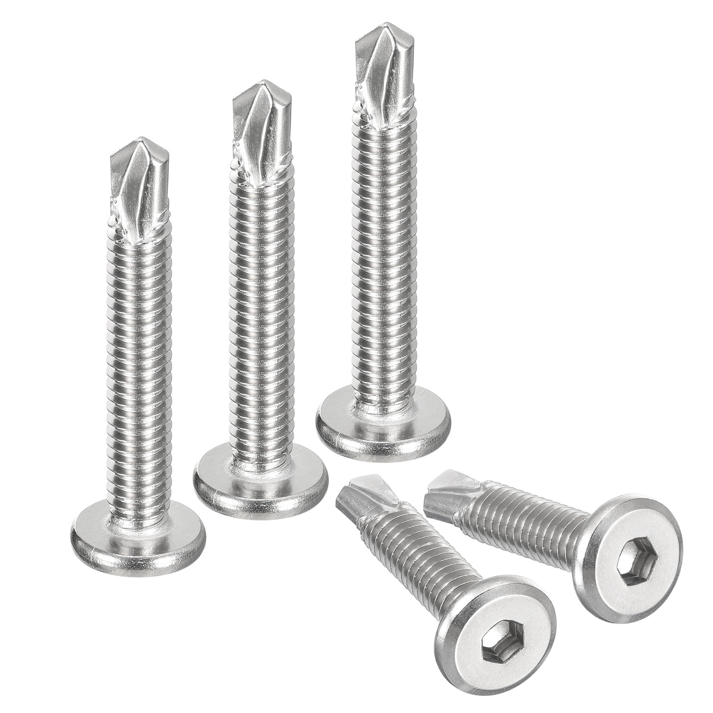 uxcell Uxcell Hex Socket Self Tapping Screws, 1/4 x 1-5/8" 410 Stainless Steel Sheet Metal Flat Head Drilling Screw 100pcs, Silver