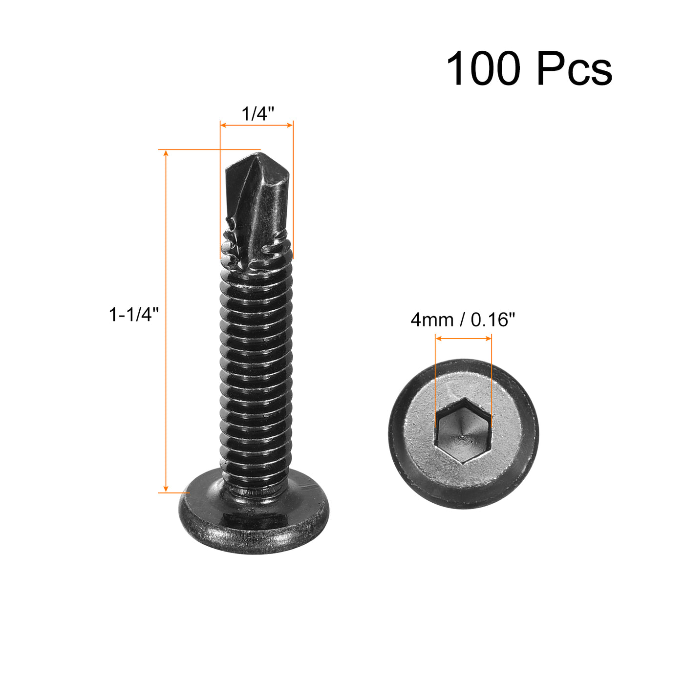 uxcell Uxcell Hex Socket Self Tapping Screws, 1/4 x 1-1/4" 410 Stainless Steel Sheet Metal Flat Head Drilling Screw 100pcs, Black