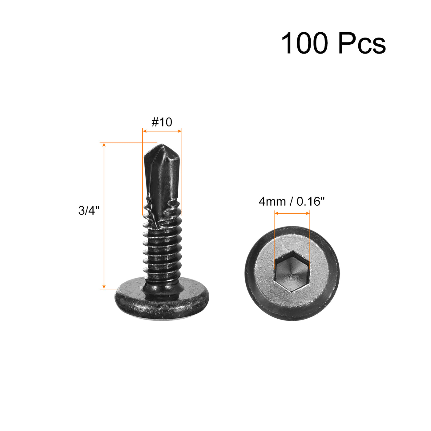 uxcell Uxcell Hex Socket Self Tapping Screws, #10 x 3/4" 410 Stainless Steel Sheet Metal Flat Head Drilling Screw 100pcs, Black