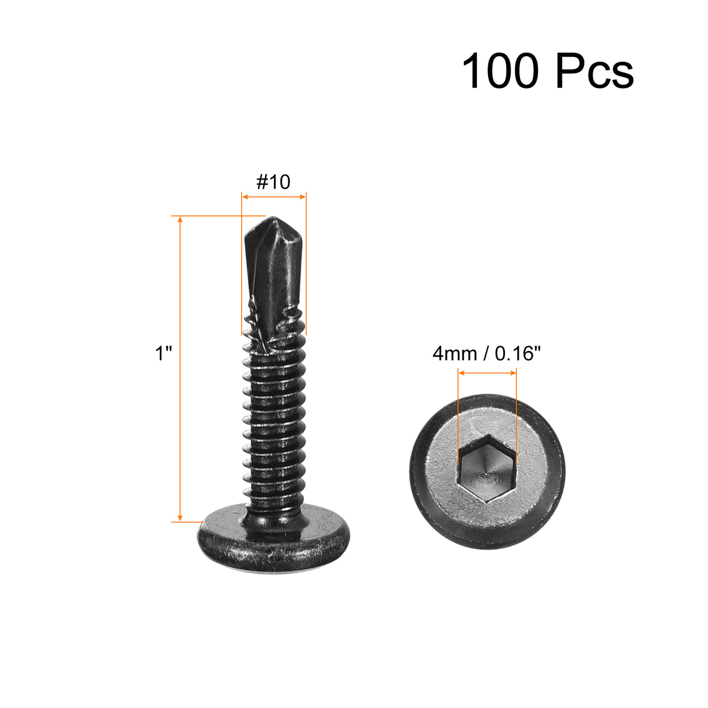 uxcell Uxcell Hex Socket Self Tapping Screws, #10 x 1" 410 Stainless Steel Sheet Metal Flat Head Drilling Screw 100pcs, Black