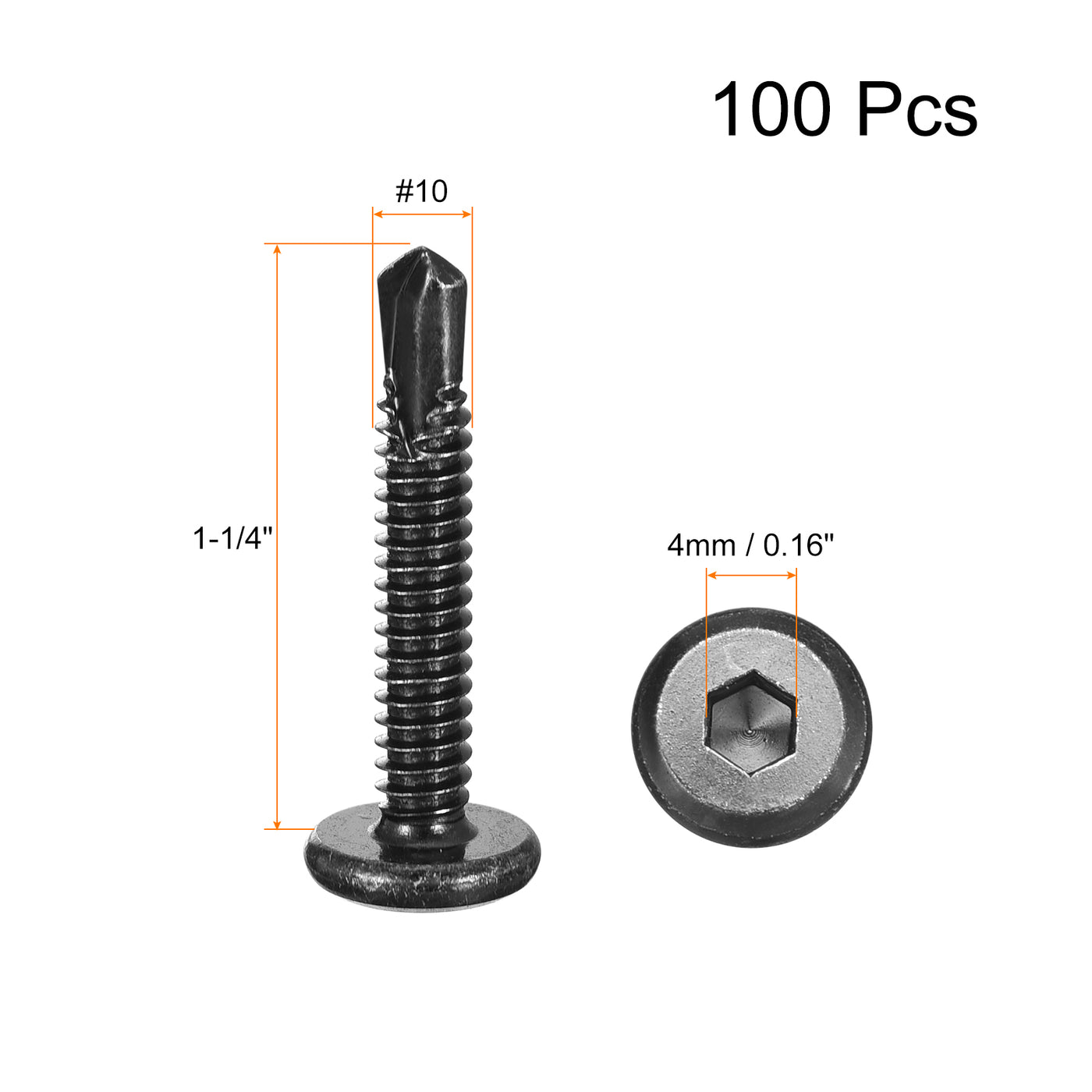 uxcell Uxcell Hex Socket Self Tapping Screws, #10 x 1-1/4" 410 Stainless Steel Sheet Metal Flat Head Drilling Screw 100pcs, Black