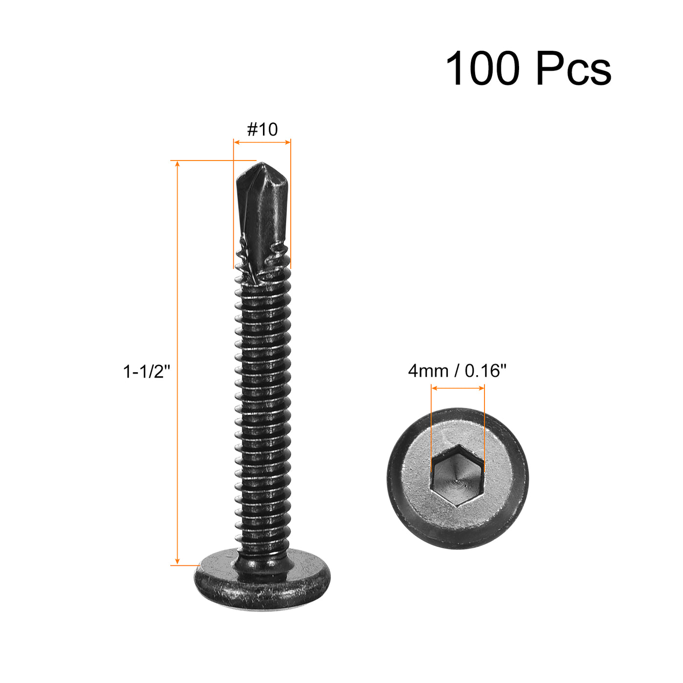 uxcell Uxcell Hex Socket Self Tapping Screws, #10 x 1-1/2" 410 Stainless Steel Sheet Metal Flat Head Drilling Screw 100pcs, Black