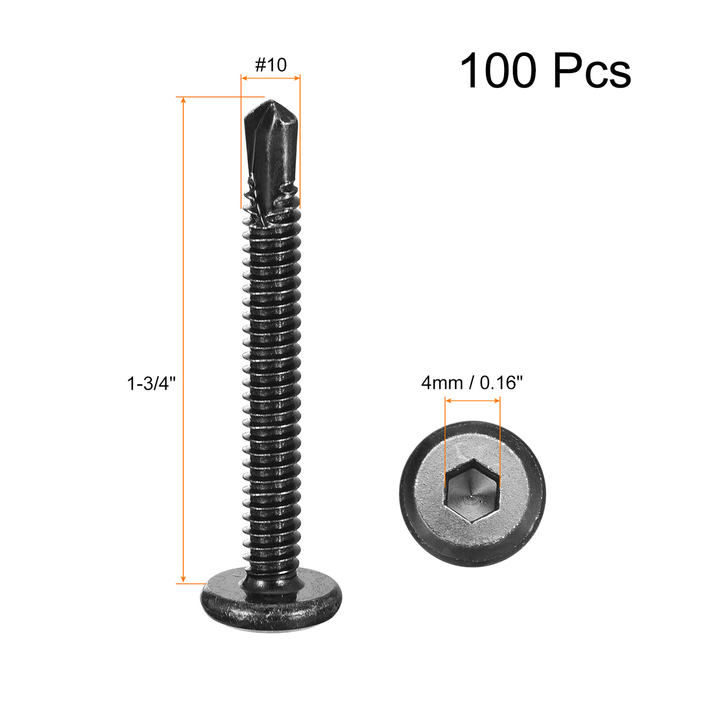 uxcell Uxcell Hex Socket Self Tapping Screws, #10 x 1-3/4" 410 Stainless Steel Sheet Metal Flat Head Drilling Screw 100pcs, Black