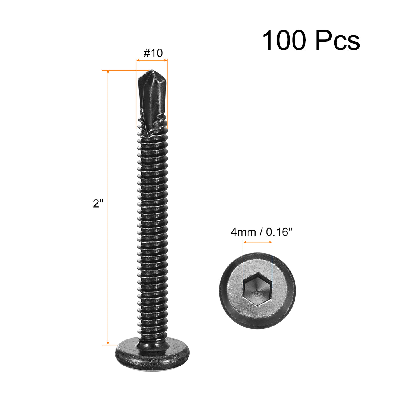 uxcell Uxcell Hex Socket Self Tapping Screws, #10 x 2" 410 Stainless Steel Sheet Metal Flat Head Drilling Screw 100pcs, Black