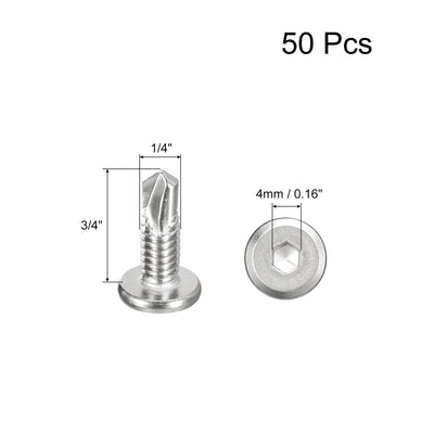 Harfington Uxcell Hex Socket Self Tapping Screws, 1/4 x 3/4" 410 Stainless Steel Sheet Metal Flat Head Drilling Screw 50pcs, Silver