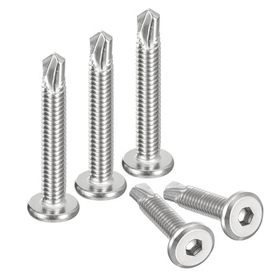 Harfington Uxcell Hex Socket Self Tapping Screws, 1/4 x 1-5/8" 410 Stainless Steel Sheet Metal Flat Head Drilling Screw 50pcs, Silver