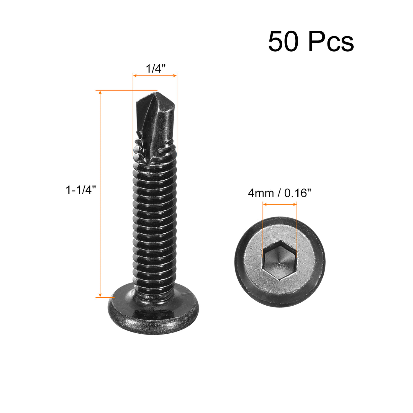 uxcell Uxcell Hex Socket Self Tapping Screws, 1/4 x 1-1/4" 410 Stainless Steel Sheet Metal Flat Head Drilling Screw 50pcs, Black