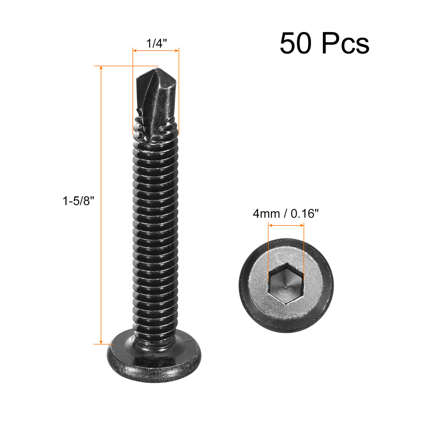 uxcell Uxcell Hex Socket Self Tapping Screws, 1/4 x 1-5/8" 410 Stainless Steel Sheet Metal Flat Head Drilling Screw 50pcs, Black