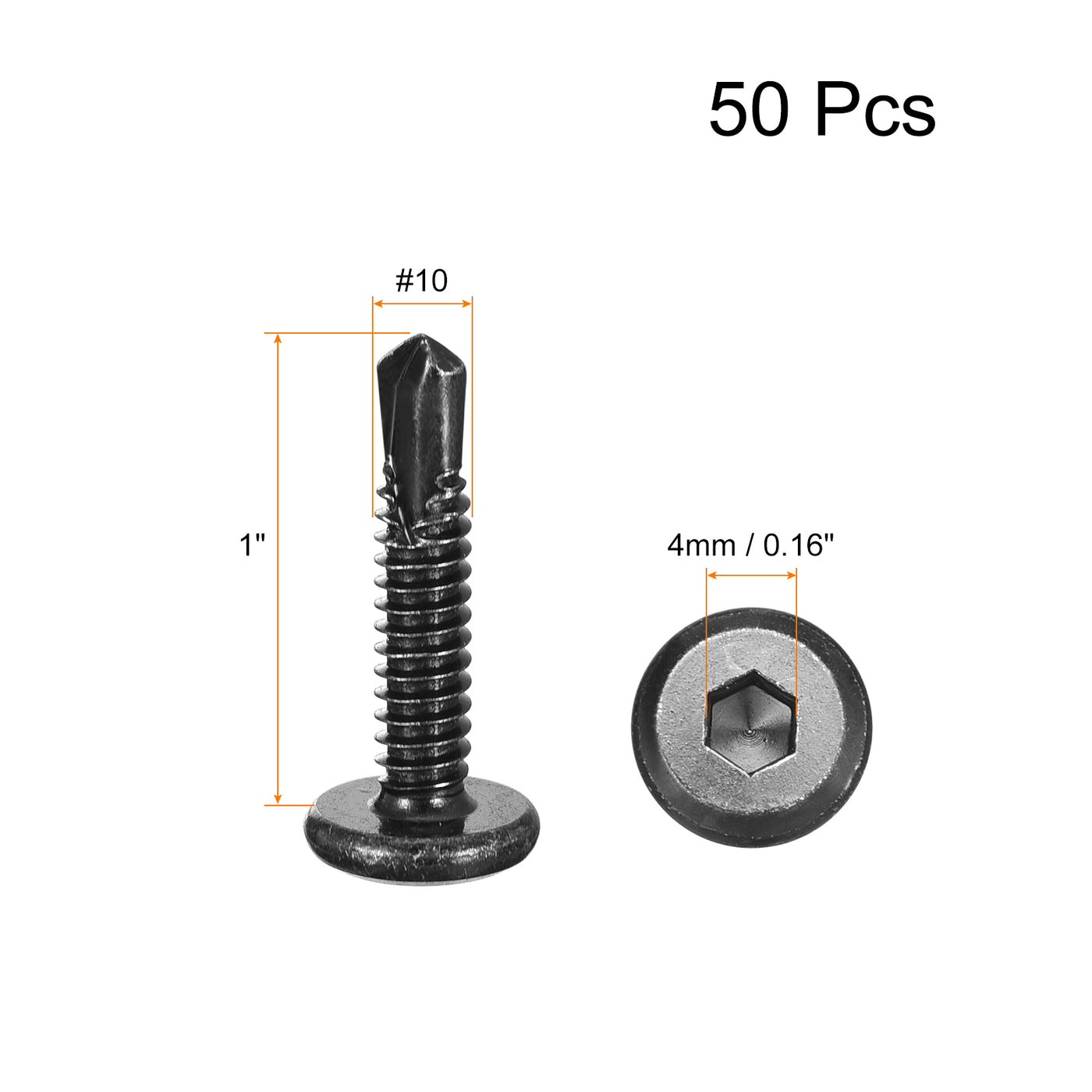 uxcell Uxcell Hex Socket Self Tapping Screws, #10 x 1" 410 Stainless Steel Sheet Metal Flat Head Drilling Screw 50pcs, Black