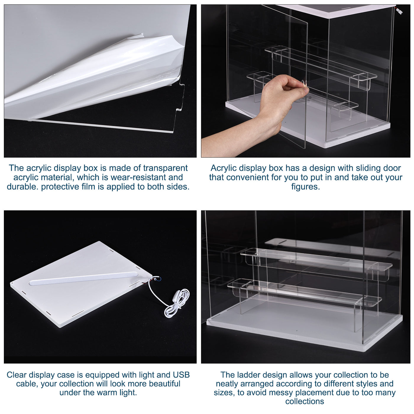 Harfington Clear Acrylic Display Case with LED Light 1 Tier Dustproof Assemble Cube Display Boxes Stand for Collectibles, Action Figures (12.6x4.92x8.86)Wood