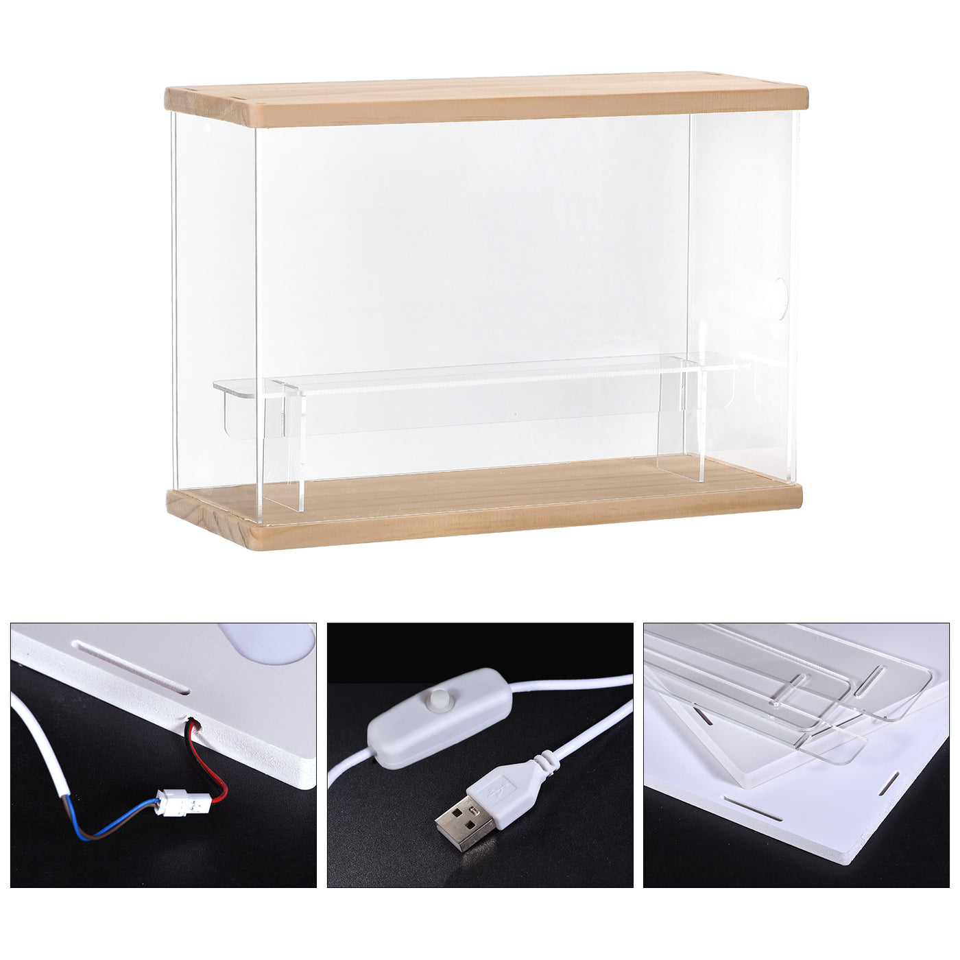 Harfington Clear Acrylic Display Case with LED Light 1 Tier Dustproof Assemble Cube Display Boxes Stand for Collectibles, Action Figures (12.6x4.92x8.86)Wood