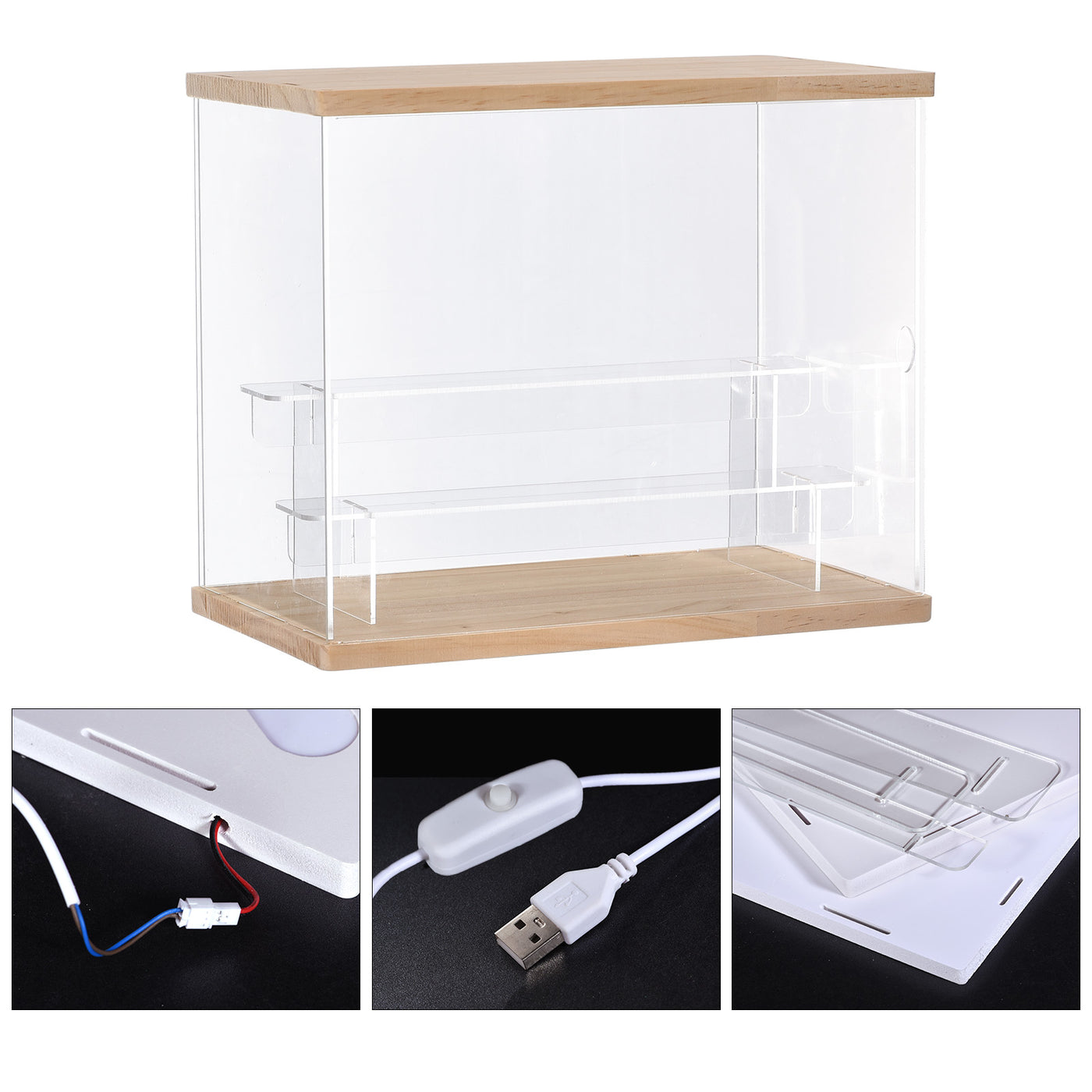 Harfington Clear Acrylic Display Case with LED Light 2 Tier Dustproof Assemble Cube Display Boxes Stand for Collectibles, Action Figures (12.6x7.09x10.43)Wood