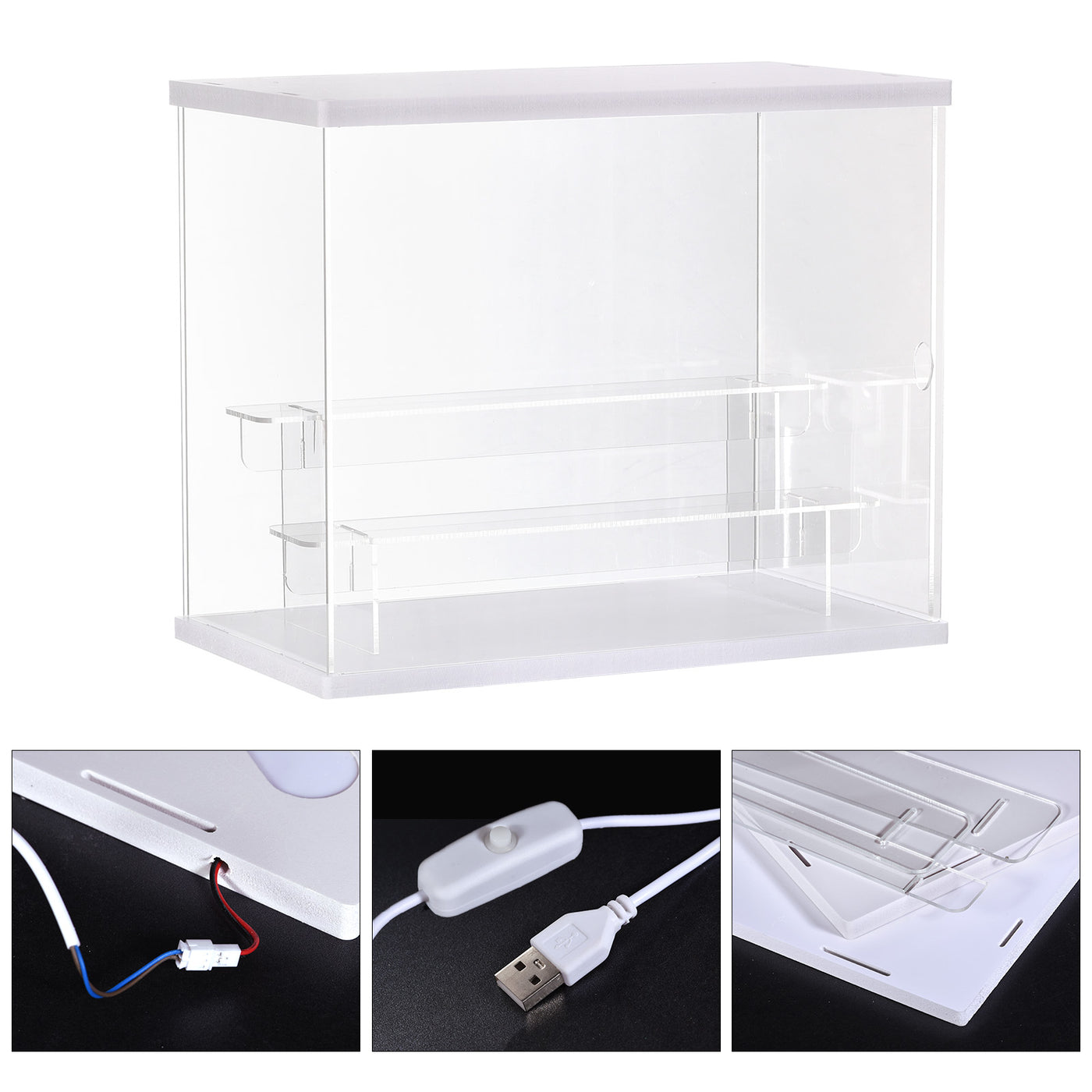 Harfington Clear Acrylic Display Case with LED Light 2 Tier Dustproof Assemble Cube Display Boxes Stand for Collectibles, Action Figures (12.6x7.09x10.43)White